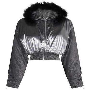 ARCHIVE - 1980s Silver Hooded Bomber Style Jacket With Black Feather Trim