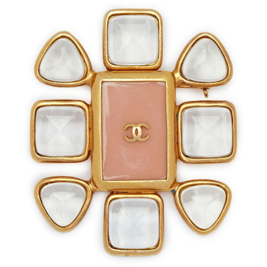 ARCHIVE - Chanel 1990s Gold Plated Gripoix Glass and Rose Enamel CC Brooch