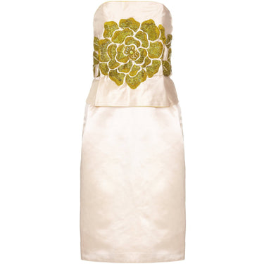 ARCHIVE - Cream Silk & Green Beaded 1960s Strapless Couture Cocktail Dress