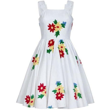 ARCHIVE - French 1950s White Cotton Summer Dress With Embroidered Chenille Flowers