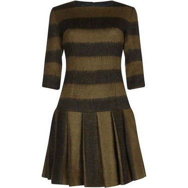 ARCHIVE - Marguerite 1960s French Couture Bold Striped Olive Green Wool Dress