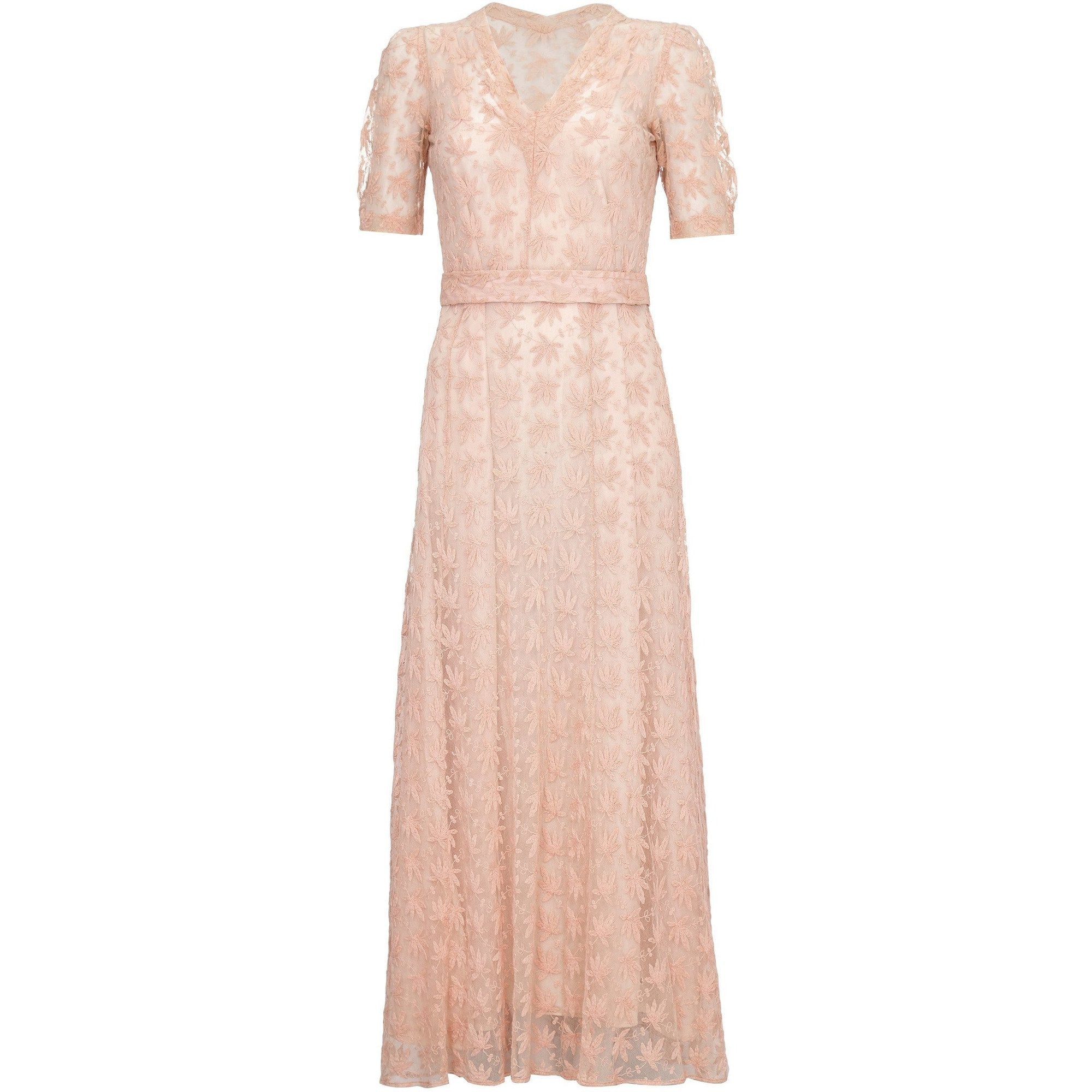 pale pink tea dress 1930s Sheer Pale Pink Embroidered Lace Tea Dress Gown