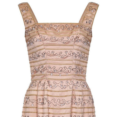 ARCHIVE - Ceil Chapman 1950s Peach Silk Dress With Beading and Velvet Ribbon Applique