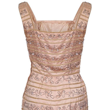 ARCHIVE - Ceil Chapman 1950s Peach Silk Dress With Beading and Velvet Ribbon Applique