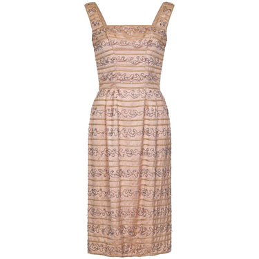 ARCHIVE - Ceil Chapman 1950s Peach Silk Dress With Beading and Velvet Ribbon Applique