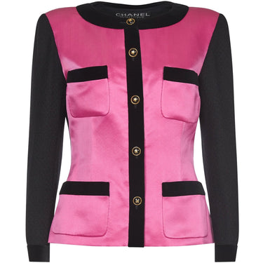 ARCHIVE - Chanel 1980s Boucle Black Wool and Pink Satin Jacket