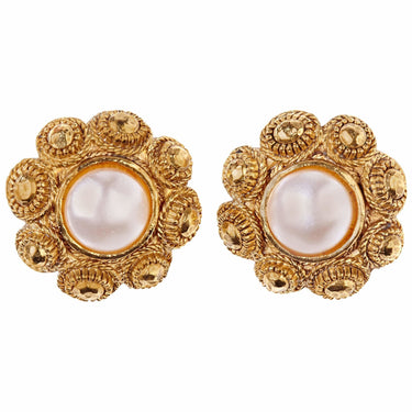 ARCHIVE - Chanel 1980s Gold Gilt Flower Earrings with Faux Pearl Detail