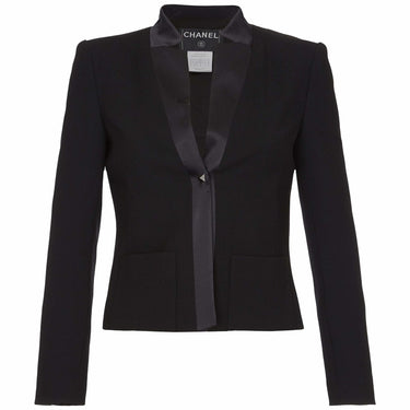 ARCHIVE - Chanel 2003 Black Silk Crepe Jacket With Flat Lapel and Silk Trim
