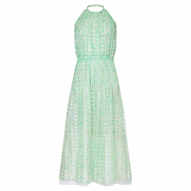 ARCHIVE - Courrèges 1970s Silk Chiffon Aquamarine Halter Neck Pleated Maxi Dress