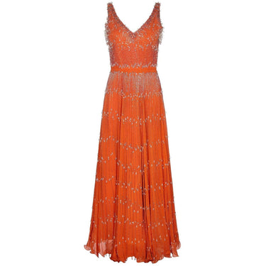 ARCHIVE - Couture 1960s Burnt Orange Silk Chiffon Gown with Crystal Bead Embellishments