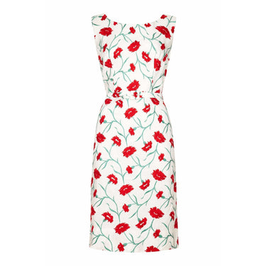 ARCHIVE - Francise Of Nassau 1960s White Linen Dress With Red Carnation Flower Embroidery