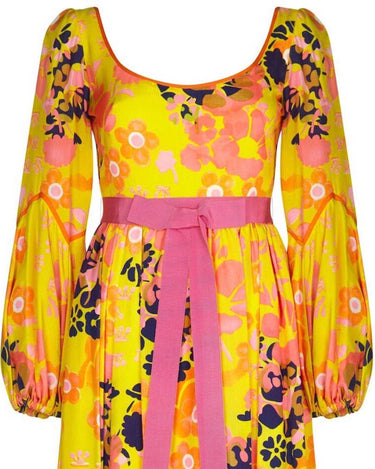 Frank Usher 1960s Psychedelic Yellow Silk Floral Printed Dress With Pink Ribbon
