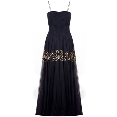 Fred Perlberg 1940s Black and Gold Chiffon Evening Dress with Matching Gloves