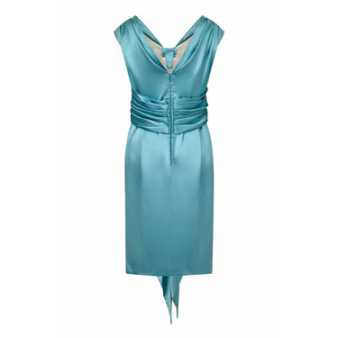 ARCHIVE - Hardy Amies Couture 1950s Silk Satin Aquamarine Occasion Dress