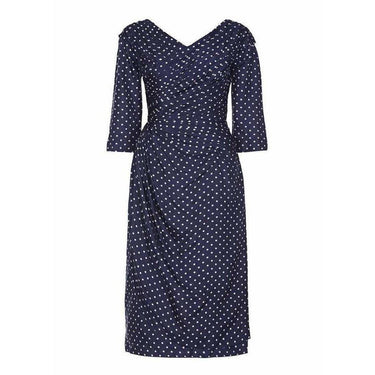 ARCHIVE - Henri 1950s Silk Navy Polkadot Dress With Pleating Detail