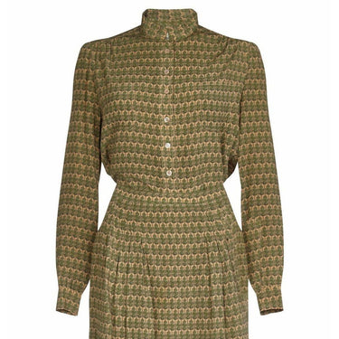 ARCHIVE - Hermes 1970s Silk Sage Green Oakleaf Print Blouse and Skirt Suit