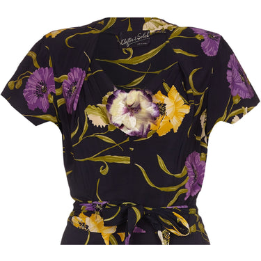ARCHIVE: Klafter & Sobel 1940s Navy Rayon Floral Crepe Dress with Corsage