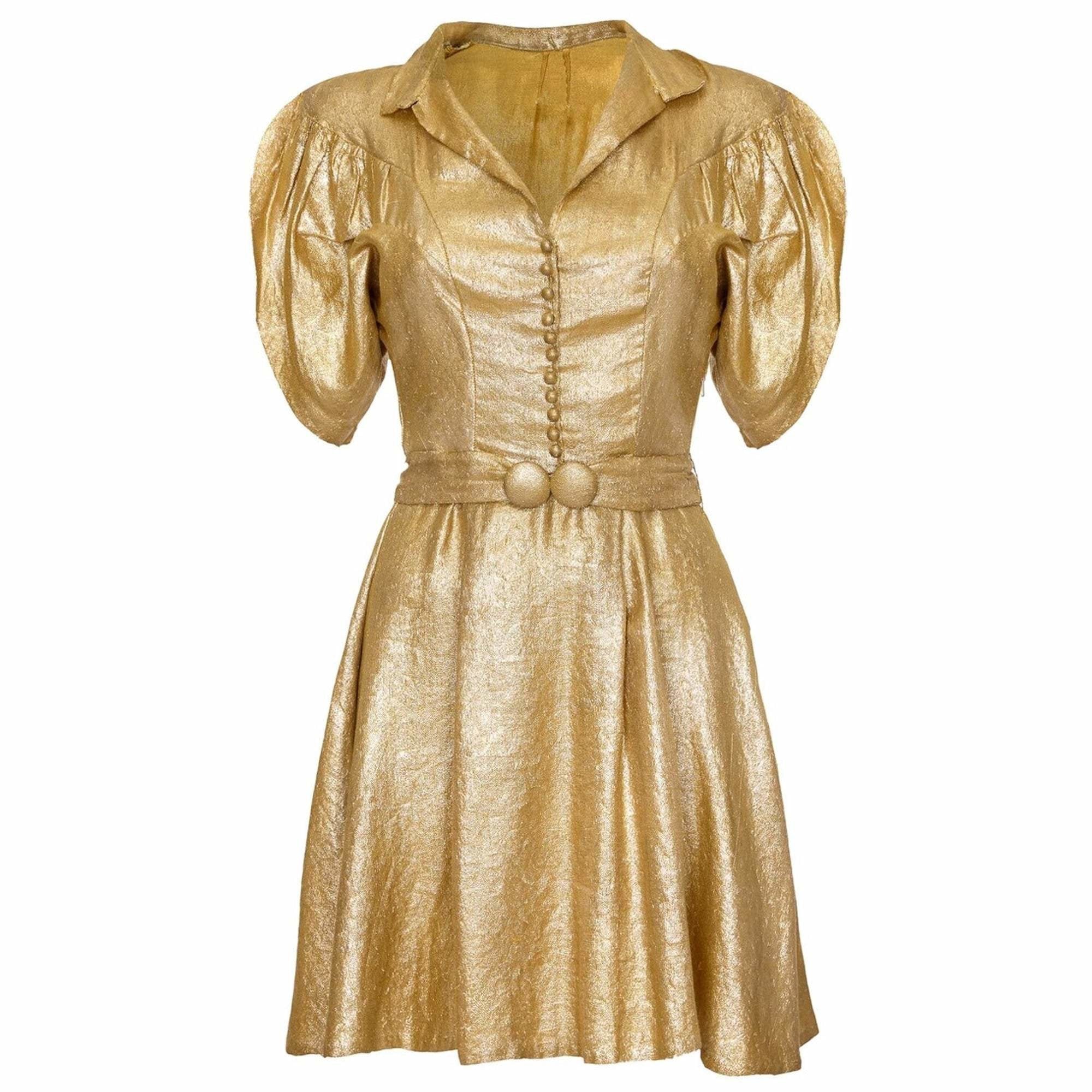 1930s Gold Lame Dress with Cape Sleeves and Matching Belt 1930s Gold Lame Dress with Cape Sleeves and Matching Belt