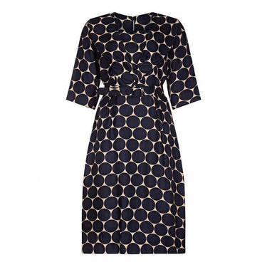 ARCHIVE - Leslie Fay 1950s Silk Navy and Cream Circle Print Dress With Belt