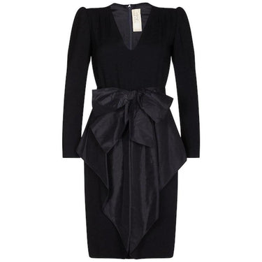 1980s Nina Ricci Black Wool and Silk Dress with Front Bow Detail