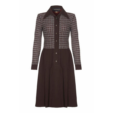 1970s Pisanti Brown Dress with Wide Lapel Detail and Lame Bodice