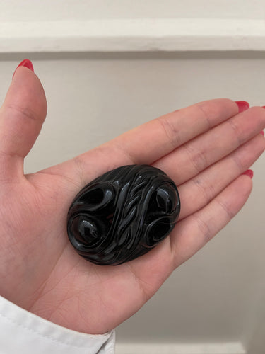 1880s Victorian Whitby Jet Gothic Carved Brooch