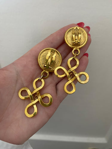 1993 Chanel Gold and Pearl and Quatrefoil Drop CC Earrings