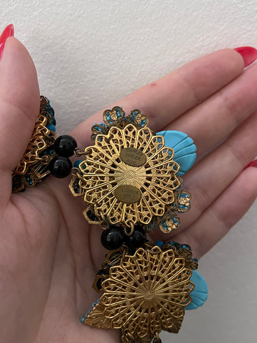 ARCHIVE - 1990s Stanley Hagler Blue and Black Floral Beaded Necklace