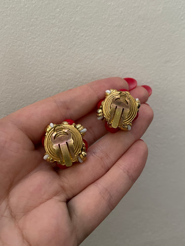 1960s French Couture Red White and Gold Clip On Earrings