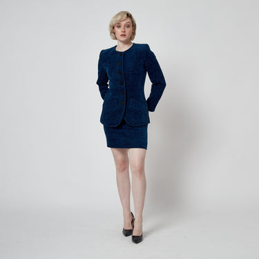 Tailleur-jupe en chenille bleu Yves Saint Laurent des années 1990 avec boutons trèfle