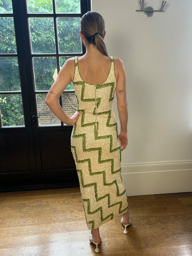 ARCHIVE - 1970s Cream Wool Sequinned Dress with Green Zigzag Pattern