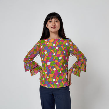1970s Glen Sportique Polka Dot Print Linen Cotton Blouse