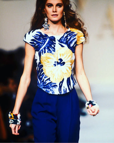 ARCHIVE - 1991 Valentino Runway Documented Sequinned Top and Blue Trousers Suit