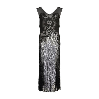 1930s Black Chiffon Applique Bodice and Lace Dress