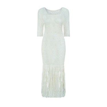 1920s Rayon Cream Crochet Maxi-Dress with Fringe Hem