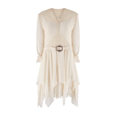 1920s Off-White Lace Wedding Dress with Rhinestone Belt