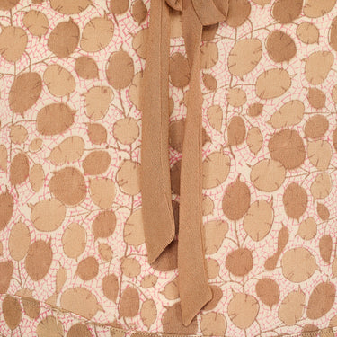 1920s Pale Brown Leaf Print Silk Blouse with Tie-Neck
