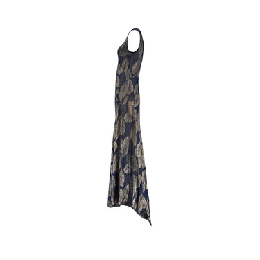 ARCHIVE - 1930s Blue and Gold Leaf Print Lame Dress