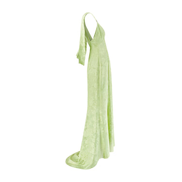 ARCHIVE - 1930s Chartreuse Green Floral Silk Jacquard Evening Gown with Train