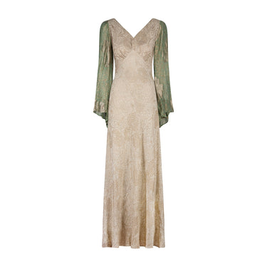 1930s Gold Floral Lame Dress with Green Lame Fluted Sleeves