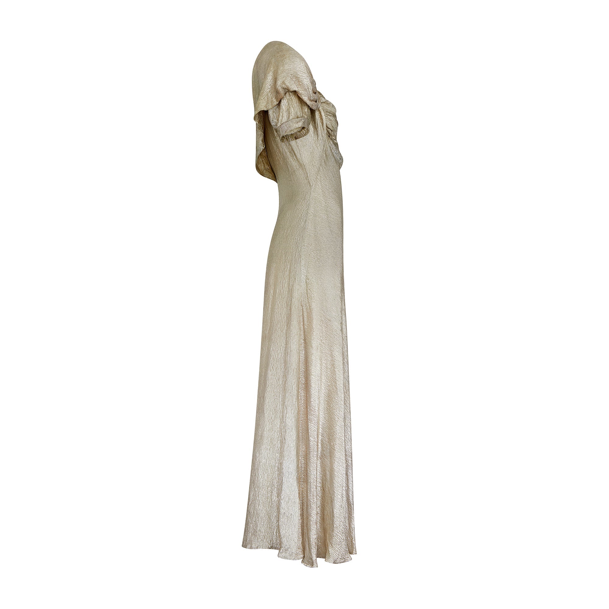 1930s Gold Lame Dress with Ruched Bodice and Sleeve Detail 1930s Gold Lame Dress with Ruched Bodice and Sleeve Detail