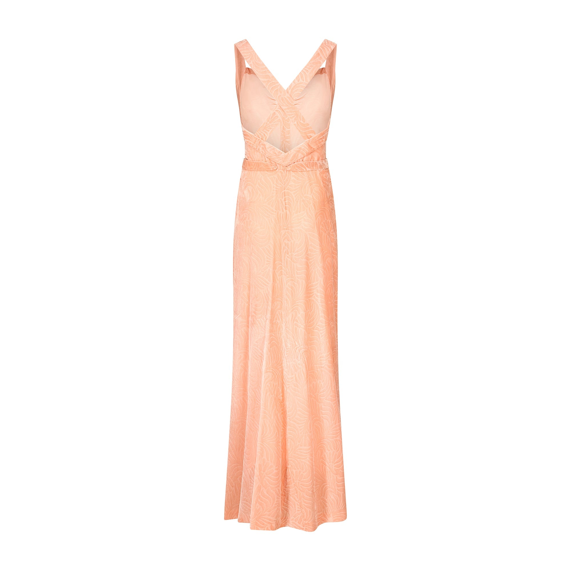 1930s Peach Pink Patterned Velvet Gown with Rhinestone Belt Buckle 1930s Peach Pink Patterned Velvet Gown with Rhinestone Belt Buckle