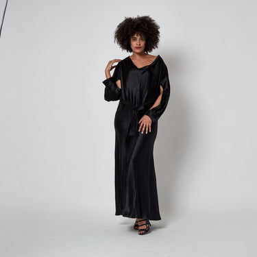 1930s Haute Couture Black Liquid Satin Maxi Dress with Open Sleeves