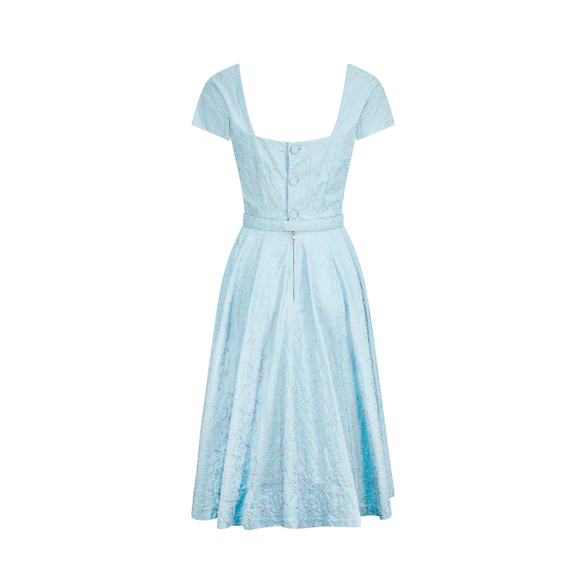 1950s Blue Floral Embroidered and Crystal Full Skirt Dress 1950s Blue Floral Embroidered and Crystal Full Skirt Dress