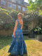 1950s Frank Usher Jacquard Blue and Champagne Evening Dress