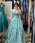 1950s Ruffle Turquoise Layered Tulle Net Halterneck Dress
