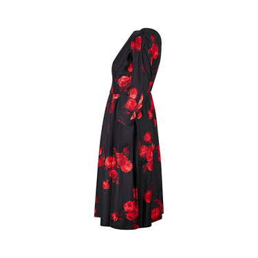 ARCHIVE - 1950s Suzy Perette Satin Black and Red Rose Print Dress
