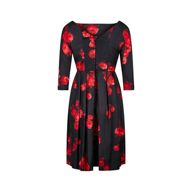 ARCHIVE - 1950s Suzy Perette Satin Black and Red Rose Print Dress