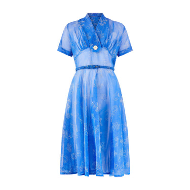ARCHIVE - 1950s Blue and White Flocked Floral Print Dress