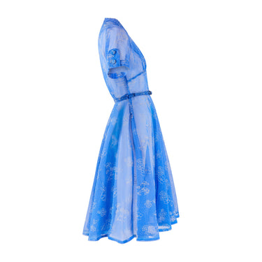 ARCHIVE - 1950s Blue and White Flocked Floral Print Dress